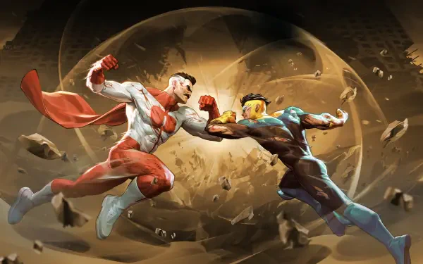 2K Quad HD video game PC wallpaper: Invincible vs Omni-Man (Invincible 2006) midair clash, capes and debris swirling in a shattered energy ring.
