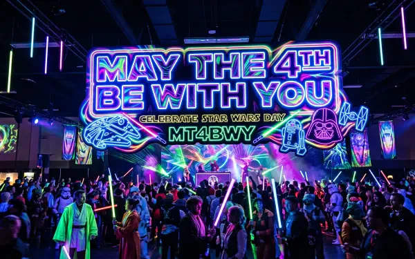 Neon May the 4th 5K Ultra HD PC desktop wallpaper: crowded Star Wars celebration with lightsabers, glowing marquee reading May the 4th Be With You and vibrant sci‑fi stage graphics.