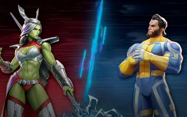 HD PC desktop wallpaper background: video game Invincible VS showdown — green armored, axe-wielding warrior faces a yellow-blue superpowered hero across a crackling energy rift.