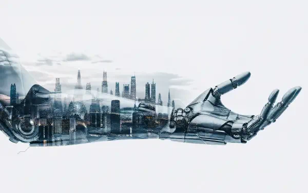 Cybernetic arm with a translucent cityscape embedded along the forearm, sleek metallic hand on a pale backdrop — 4K Ultra HD PC desktop wallpaper and background.