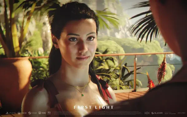 Portrait of a female agent on a sunlit tropical balcony from the video game 007: First Light — 4K Ultra HD PC desktop wallpaper with warm lighting and lush foliage.