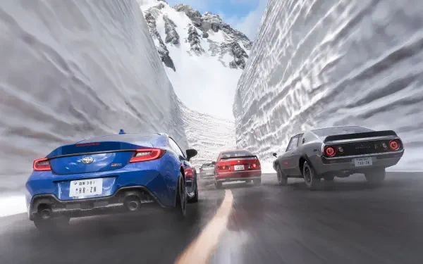 3 cars race down a wet mountain pass framed by towering snow walls in Forza Horizon 6; vibrant 4K Ultra HD PC desktop wallpaper/background showing rear-view action and high-speed motion.