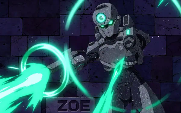 4K Ultra HD PC desktop wallpaper of Zoe (Invincible) in an armored exosuit, unleashing neon-green energy blasts against a dark tiled background with her name ZOE.