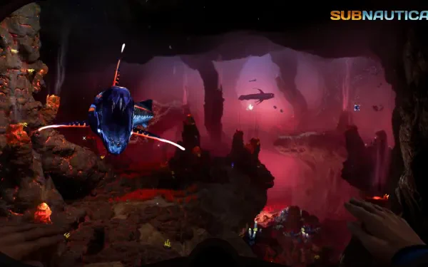 Subnautica 2 video game 4K Ultra HD PC wallpaper: crimson bioluminescent underwater cavern with rock pillars and a menacing fish.