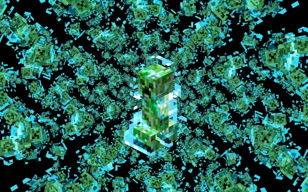 4K Ultra HD PC desktop wallpaper: Creeper (Minecraft) composed of green-blue pixel blocks, surrounded by floating fragmented cubes on a black background.