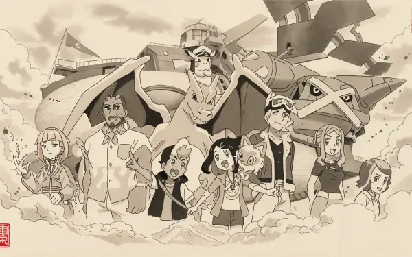 Sepia group portrait of Pokémon Horizons: The Series characters with flying Pokémon, presented as a 4K Ultra HD PC Desktop Wallpaper and Background.