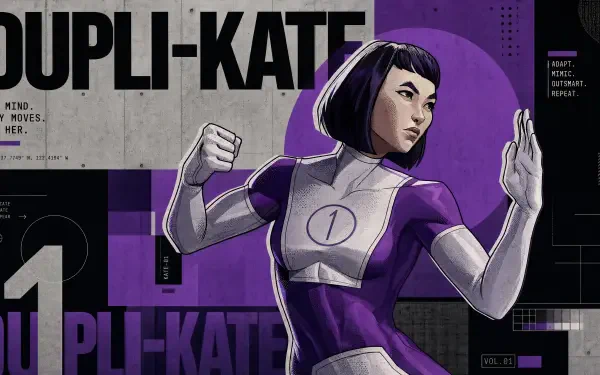 Dupli-Kate 4K Ultra HD PC desktop wallpaper and background: stylized heroine in purple suit and bob haircut poses with raised fists against a graphic tech backdrop.