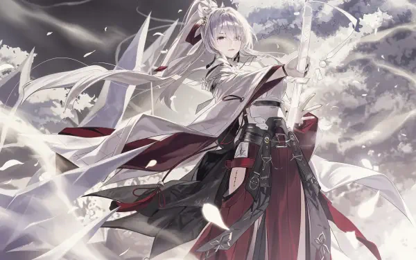 Hiyuki (Wuthering Waves) in flowing red-and-black robes, white hair and sword amid swirling petals and mist — 4K Ultra HD PC desktop wallpaper.