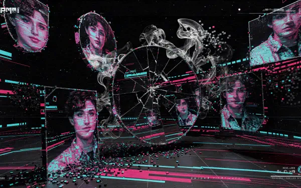 4K Ultra HD PC desktop wallpaper and background: neon cyberpunk scene with holographic glitch portraits orbiting a shattered glass globe, smoky data fragments and magenta-cyan light trails.