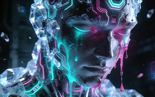 4K Ultra HD PC desktop background of a sad cybernetic face, neon teal and magenta tears streaming from cracked glass skin, futuristic circuits glowing in the dark.
