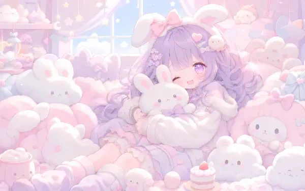 Cute pastel 4K Ultra HD PC desktop wallpaper: a cute kawaii purple-haired girl cuddling a fluffy white bunny among dozens of plush bunnies in a dreamy pink, cloudlike room.