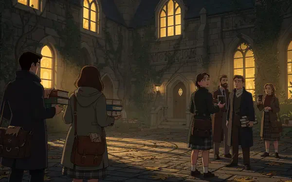 Dark academia 4K Ultra HD PC desktop wallpaper background: students in coats gathered in a moonlit Gothic courtyard, warm window light, ivy-draped stone and shadowed arches.