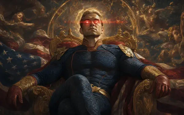 Homelander seated on an ornate throne with glowing red eyes and an American flag backdrop — dramatic 4K Ultra HD PC desktop wallpaper and background.