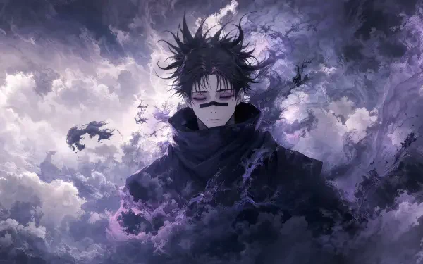 Choso (Jujutsu Kaisen) emerges from swirling purple clouds and shadowy mist — dark, atmospheric 4K Ultra HD PC desktop wallpaper background.
