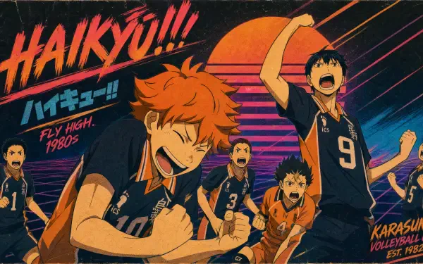 Haikyū!! 4K Ultra HD PC desktop wallpaper and background showing the Karasuno volleyball team cheering after a play against a neon retro sunset with the bold Haikyū!! title.