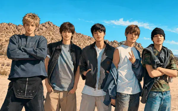 4K Ultra HD PC desktop wallpaper: five young men in casual desert attire pose under a bright blue sky; image tagged Cortis.