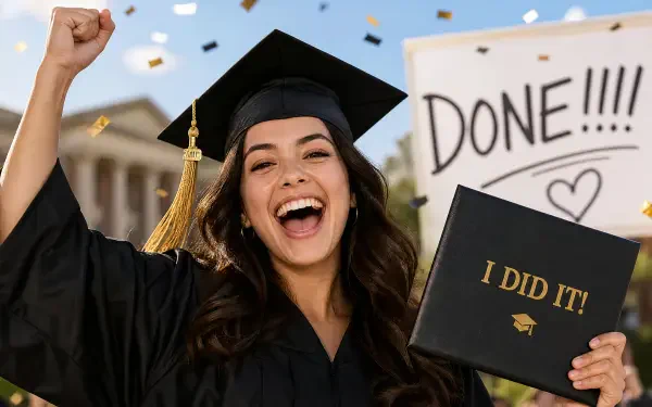 4K Ultra HD PC desktop wallpaper of a smiling graduate in cap and gown, fist raised, holding a diploma reading I DID IT!, confetti and a DONE!!!! sign — graduation celebration.