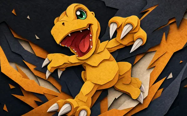 Agumon leaping with jaws open over a jagged black-and-orange paper-cut backdrop — 4K Ultra HD PC Desktop Wallpaper and Background.