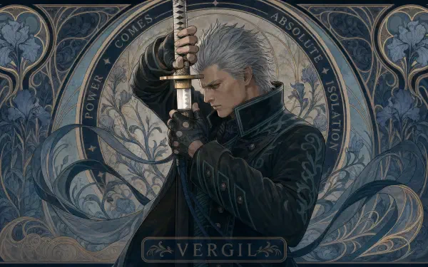 Vergil (Devil May Cry) holding a katana in profile against ornate blue-gray filigree — 4K Ultra HD PC desktop wallpaper background.