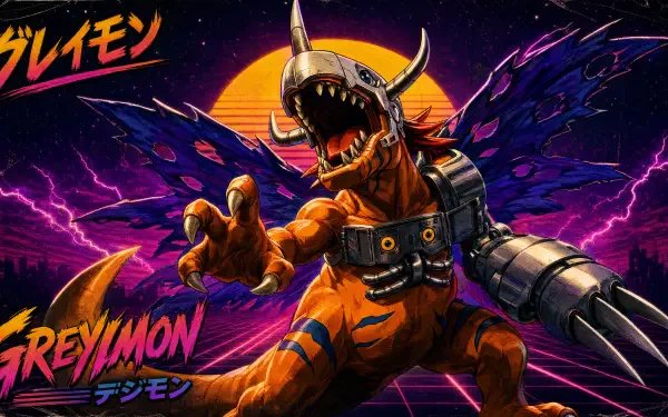 Greymon (Digimon) 4K Ultra HD PC wallpaper: roaring Greymon with metallic arm cannon and torn wings against a neon sunset and crackling lightning sky.