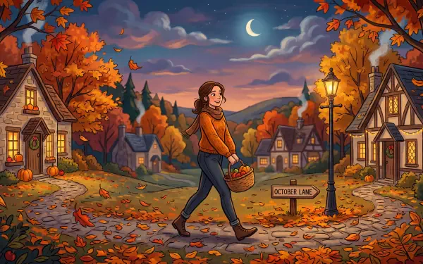 October aesthetic 5K Ultra HD PC desktop wallpaper: cozy village at dusk with crescent moon, lamplight, colorful autumn trees, and a woman in a scarf walking with a basket down a leaf-strewn lane.