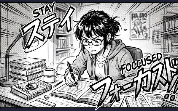 Manga-style 5K Ultra HD PC desktop wallpaper and background: intense student studying at a cluttered desk, bold STAY FOCUSED comic text in Japanese and English, monochrome.