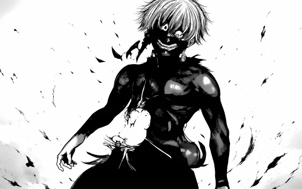 Tokyo Ghoul 5K Ultra HD PC desktop wallpaper/background: stark monochrome of a white-haired ghoul with a torn mask, exposed dark torso and ink-splatter aura.
