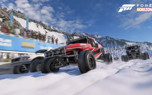 Forza Horizon 6 4K Ultra HD PC desktop wallpaper: off-road buggies racing through deep snow in a mountain pass under a bright blue sky, Forza Horizon logo in the top-right.