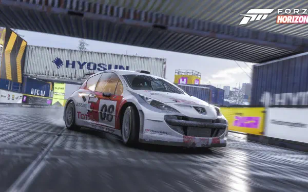 Forza Horizon 6 video game: white racing car with number 08 speeds through a rain-slick shipping yard — 4K Ultra HD PC desktop wallpaper and background.