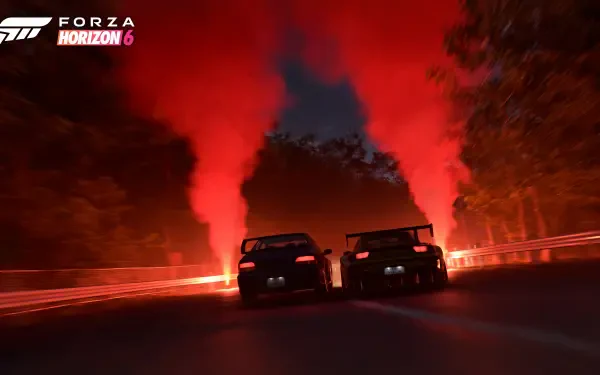 Forza Horizon 6 video game 4K Ultra HD PC desktop wallpaper and background: two cars race side-by-side at night with red flares and smoky forest lighting.