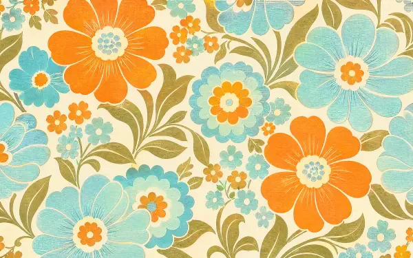 Retro floral 4K Ultra HD PC desktop wallpaper/background with large orange and turquoise blossoms and olive-green leaves on a cream backdrop.