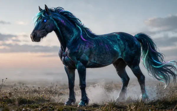 Iridescent stallion with glowing blue-purple mane on a misty plain at dusk — 4K Ultra HD PC desktop wallpaper and background