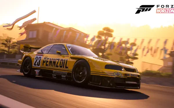 Video game Forza Horizon 6 4K Ultra HD PC desktop wallpaper: yellow Pennzoil race car #23 speeding past sunlit festival tents and palm trees at dusk.