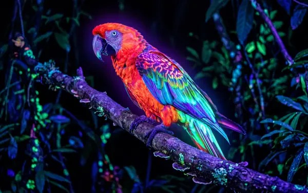 Vibrant neon macaw perched on a mossy branch against dark tropical foliage — 5K Ultra HD PC Desktop Wallpaper and Background, high-contrast bird close-up.