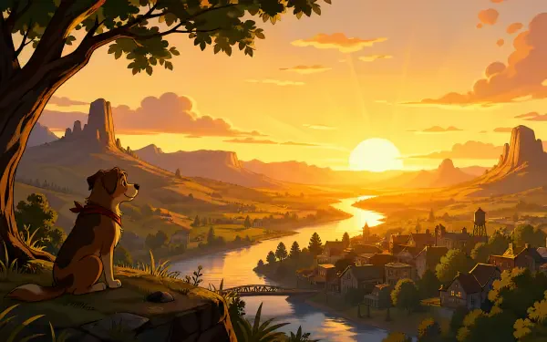 4K Ultra HD PC desktop wallpaper and background: golden sunrise spills over a river valley, warm light on a village and mesas as a dog sits on a hill watching the glow.