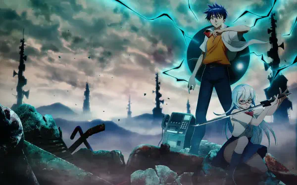 Anime Psyren 2K Quad HD PC desktop wallpaper: blue-haired youth with glowing orb and white-haired girl with a weapon stand amid a ruined landscape, jagged towers under a stormy sky.