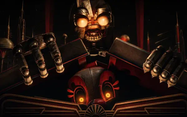 Five Nights at Freddy's: Secret of the Mimic 4K Ultra HD PC desktop wallpaper — skeletal animatronic with glowing eyes and metal hands looming over a red animatronic face.