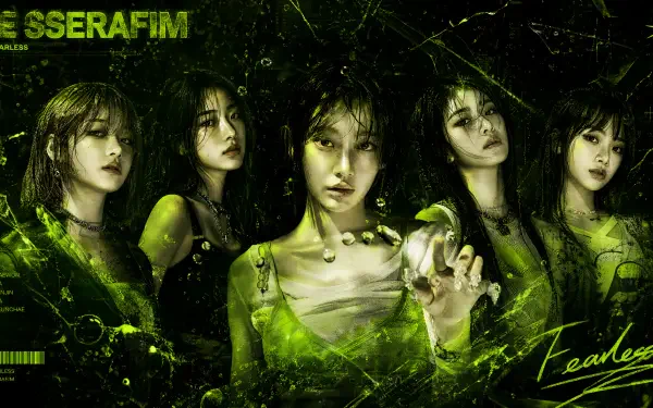 4K Ultra HD PC desktop wallpaper of five women in edgy neon-green outfits, dramatic poses amid shattered-glass effects and a dark, futuristic background.