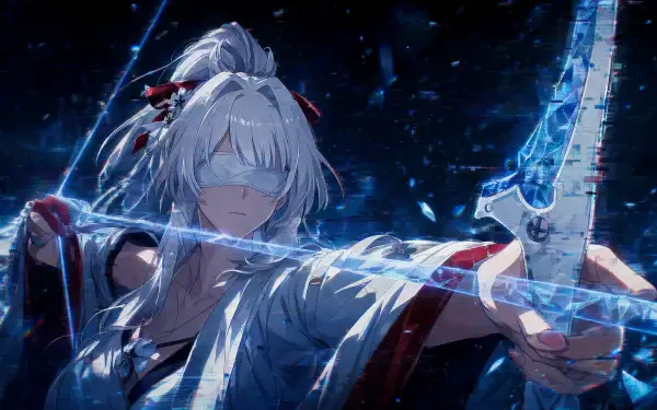 Hiyuki (Wuthering Waves) drawing a glowing ice bow amid shards and snow, blindfolded in a dynamic night scene — 4K Ultra HD PC desktop wallpaper and background.