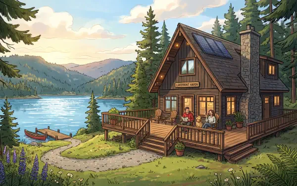 5K Ultra HD PC desktop wallpaper of a lakeside vacation home: wooden cabin on a deck with people, docked canoes, pine forest and mountains at sunset.