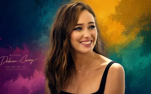 Smiling woman with wavy brown hair in a black top against a vivid teal‑orange‑pink abstract backdrop — 4K Ultra HD PC desktop wallpaper/background, tagged with a celebrity name.