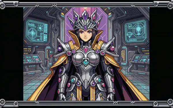 4K Ultra HD PC desktop wallpaper of a sci-fi queen in ornate armored exosuit and jeweled crown, standing in a futuristic command throne room.
