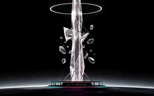4K Ultra HD PC desktop wallpaper and background: a crystalline space elevator rising from a curved planetary horizon, encircled by a glowing ring and scattered floating shards.