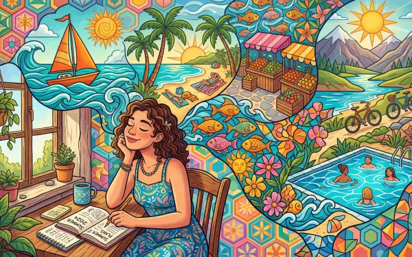 5K Ultra HD PC desktop wallpaper and background: vibrant illustrated daydream — woman writing by a window, tropical beach with sailboat, market stalls, pool, flowers and mountains.