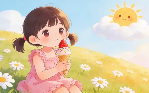 Cute summer illustration: little girl in a pink dress eating strawberry ice cream in a daisy meadow beneath a smiling sun — 4K Ultra HD PC desktop wallpaper and background.