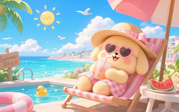 Cute summer 4K Ultra HD PC desktop wallpaper and background: chubby cartoon puppy in heart-shaped sunglasses lounging on a beach chair by the pool with umbrella, rubber duck and watermelon.