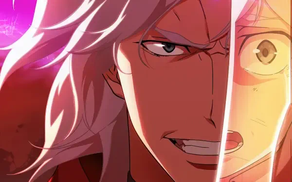 Close-up split-face anime illustration from Devil May Cry (2025): white-haired antihero snarling with sword reflection — 4K Ultra HD PC desktop wallpaper/background.