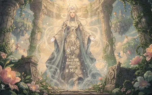 Forgotten god — an ethereal robed goddess glowing amid vine-wrapped ruined pillars and blooming flowers, runes on her gown; 4K Ultra HD PC desktop wallpaper background.