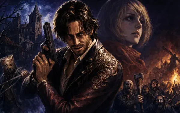 Resident Evil 4 4K Ultra HD PC desktop wallpaper: Leon with gun in foreground, Ashley behind him, burning village and castle under a stormy night sky.