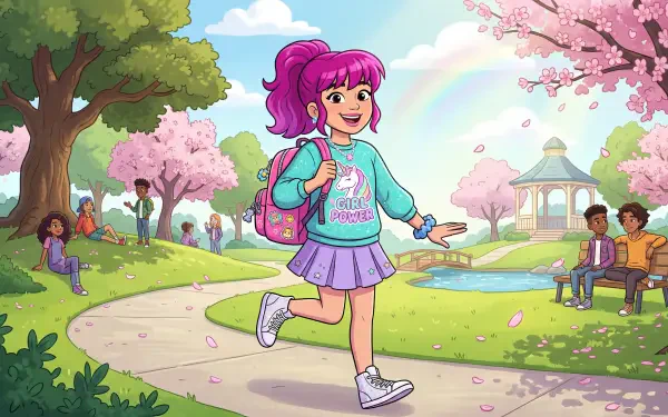 Girly 5K Ultra HD PC desktop wallpaper: pink‑haired girl skipping along a cherry‑blossom park path with a backpack, pastel outfit, rainbow and gazebo in a bright, sunny scene.